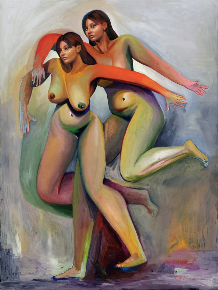 two nude women entangled with eachother and running