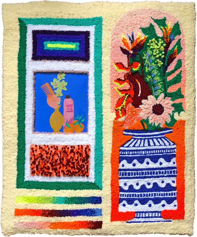 Aliyah Salmon hand tufted rug with colorful gradients, vase filled with flowers, and still life with hair products and oranges