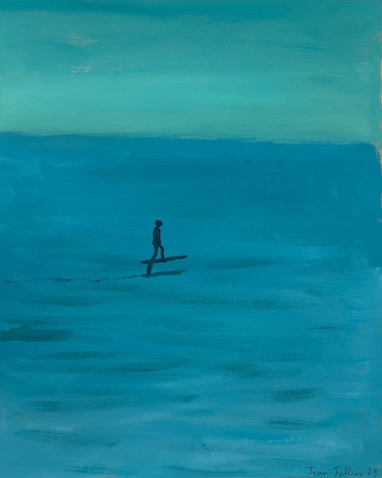 Painting of a person on a hover surfboard in the ocean.
