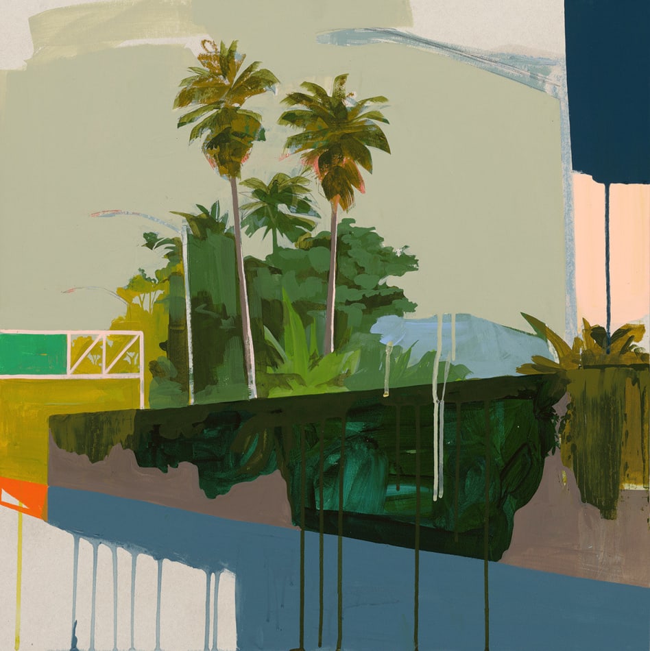 disintegrating street landscape featuring palm trees and street lamps