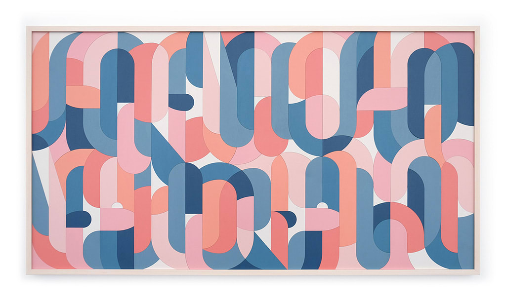 Framed flush multicolor wood sculptural piece made up of spiral shapes and curves by artist Scott Albrecht