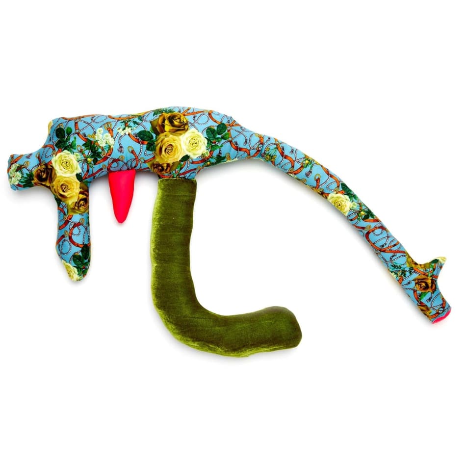 Natalie Baxter soft sculpture of gun with blue florals and green fabric