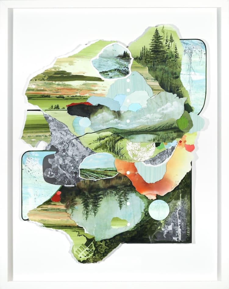 Multimedia collage of earthy elements, drawings, and paintings, in blue and green with orange with a white frame