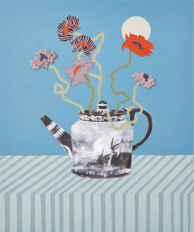 painting of flowers coming out of a teapot on a striped surface and blue background