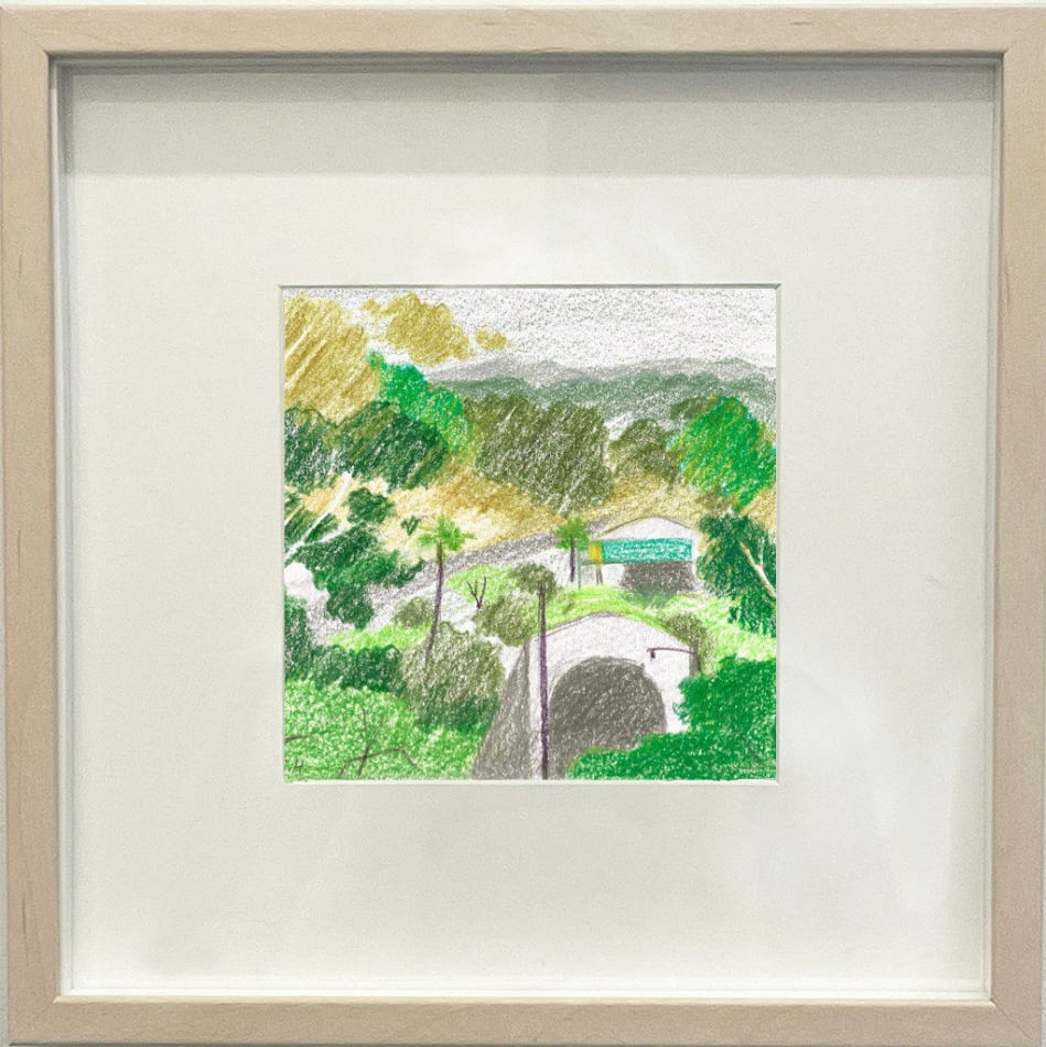 framed drawing - sketch of green trees and grey buildings
