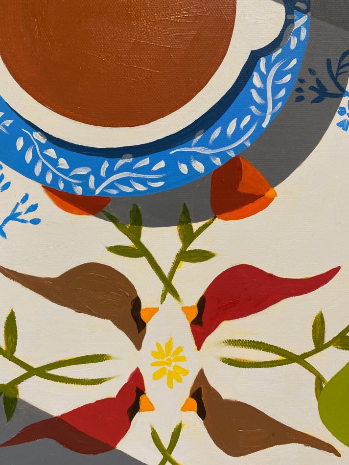 Natalia Juncadella painting of coffee cup and plants on background with birds and lemons detail