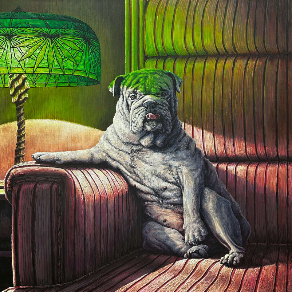 Joey Wolf - oil painting of a black Bulldog sitting on a pink armchair next to a green lamp.