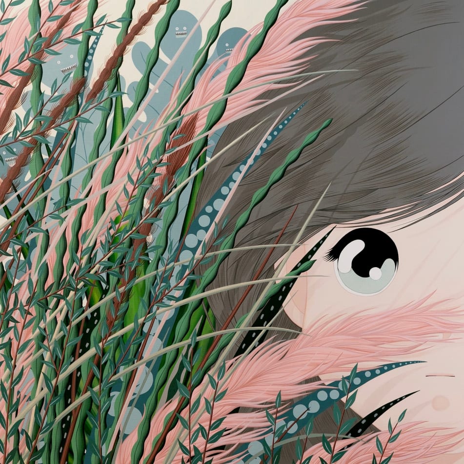 Ivory Yeunmi Lee's painting of a figure hiding behind plants