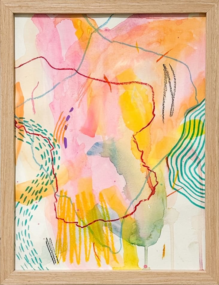 abstract painting with pink, yellow, blue, and red lines by Jen Dwyer