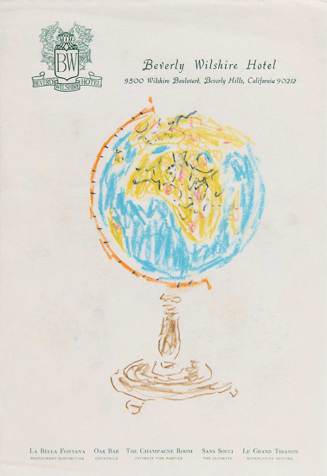 Drawing of a globe on hotel stationery