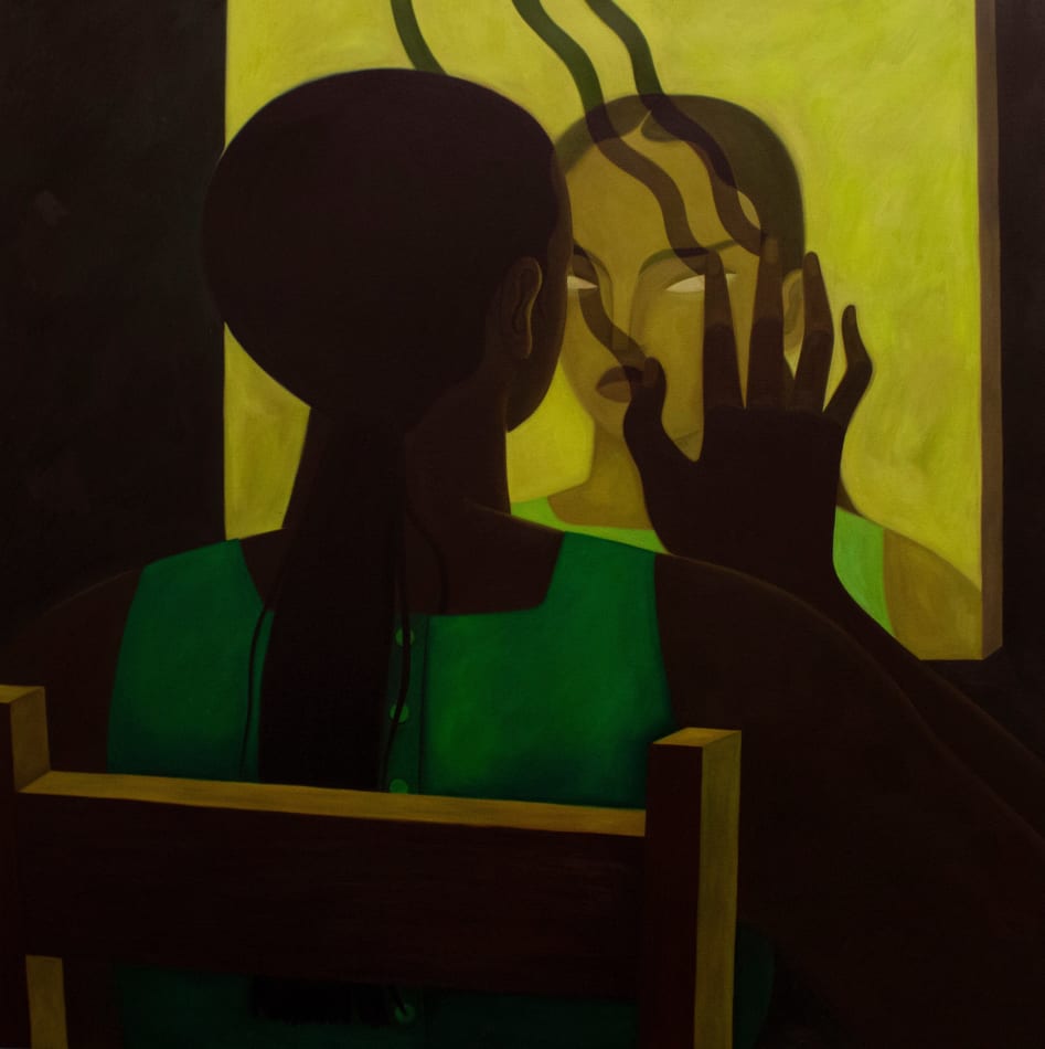 A woman looking at her reflection in the mirror with one hand swiping across the surface