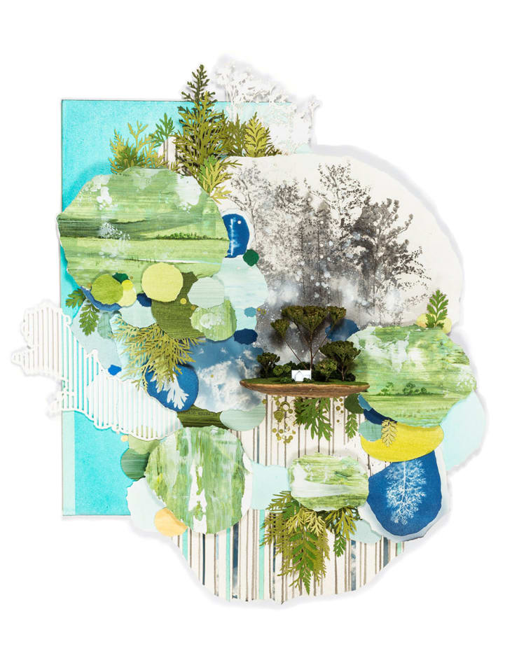 Gregory Euclide mixed media landscape with torn paper, acrylic and relief elements