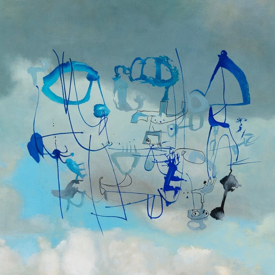 Painting of a clouds on a blue sky with an abstract blue figure in the foreground