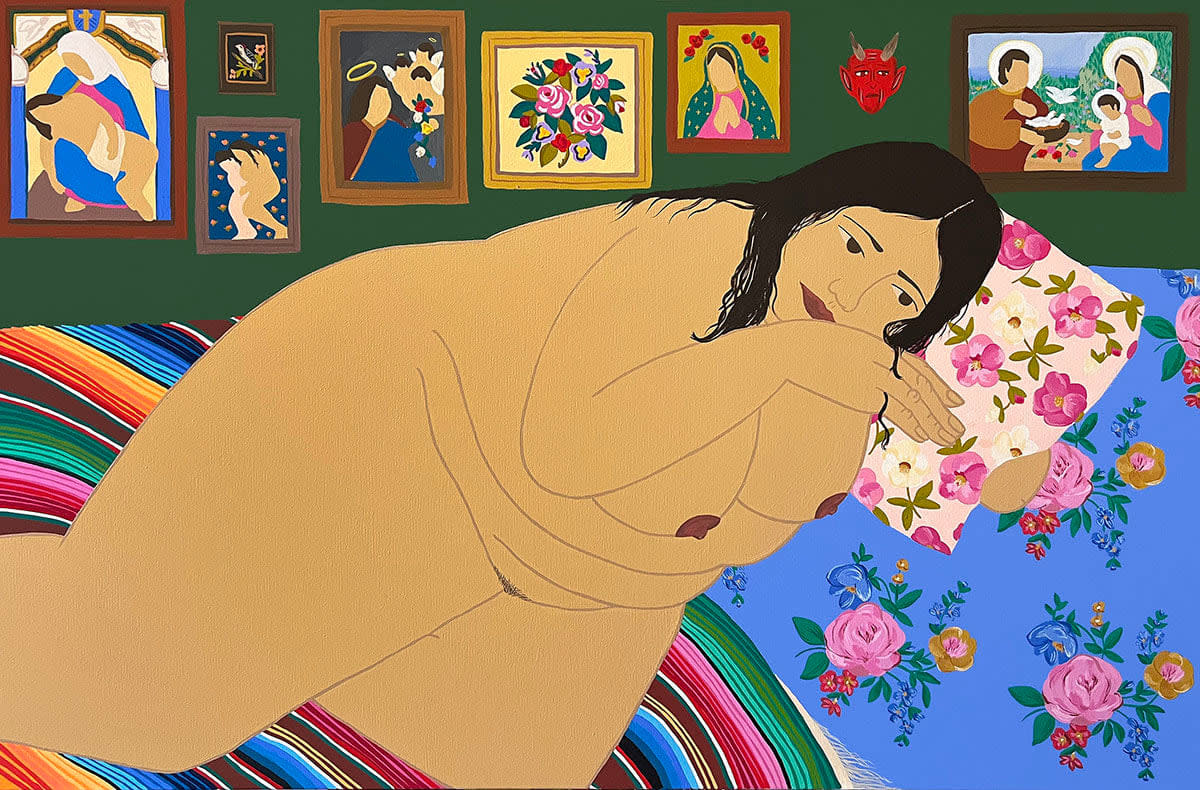 nude woman laying on bed with religious paintings in the background