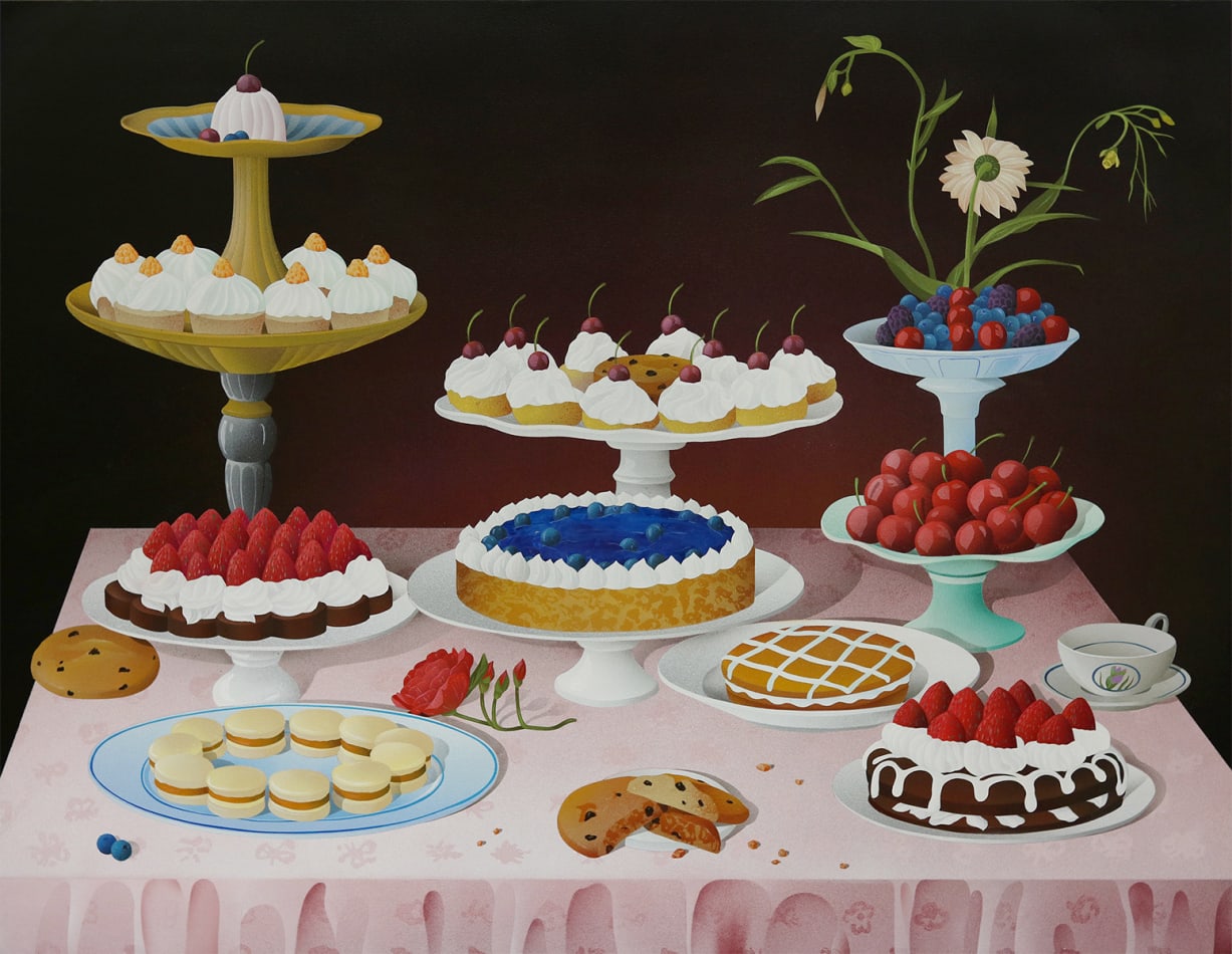 Casey Gray - Spray Painting of a table with pink table cloth of cakes and cookies on layered plates in front of black background.