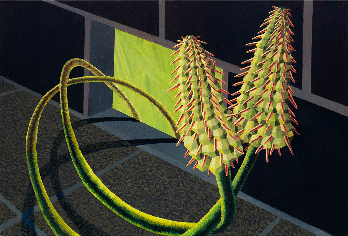 two spiny plants intertwined coming out of a hole in the wall