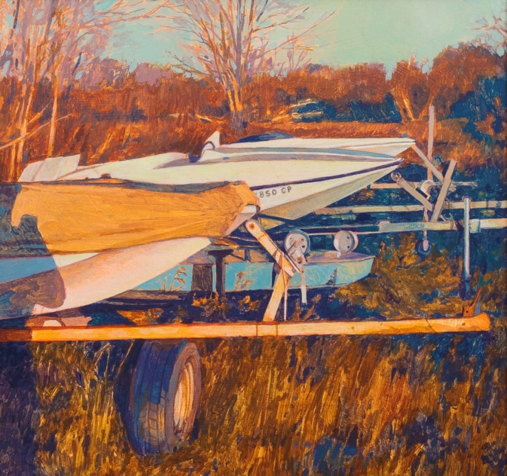 Painting of a photo of a small boat on grass. The sun is setting and you can see the shadow of the person taking the photo reflected on the boat.