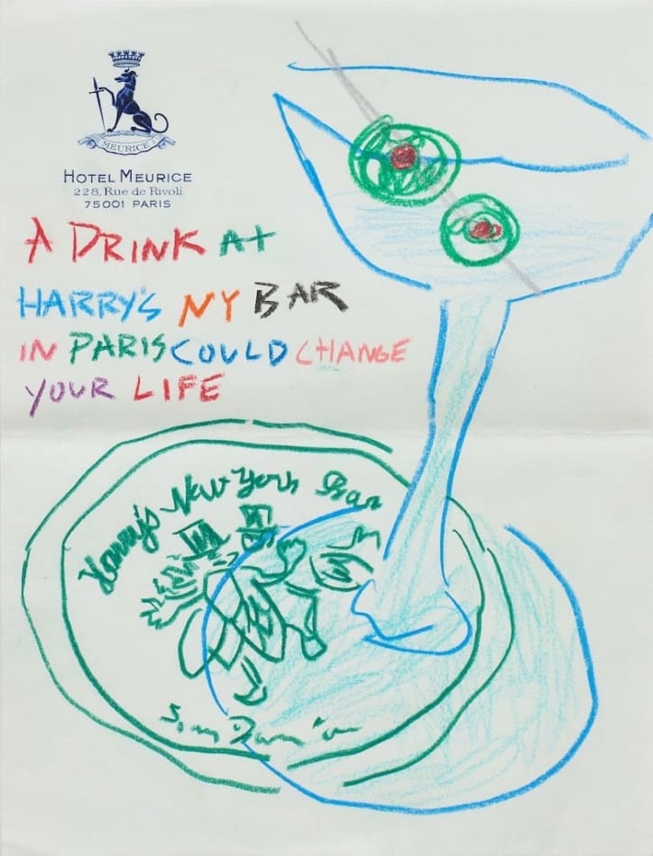 sketch of a martini on a green coaster on notepad paper