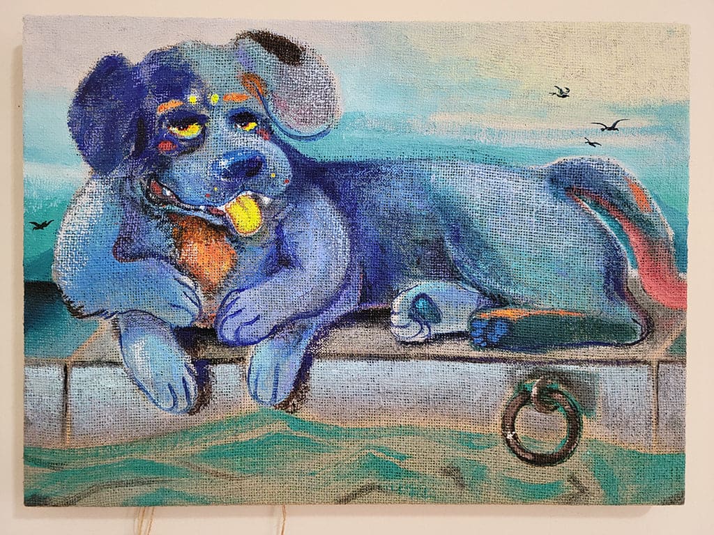 Abstract painting of a dog with 6 arms laying on a flat platform floating on a body of water