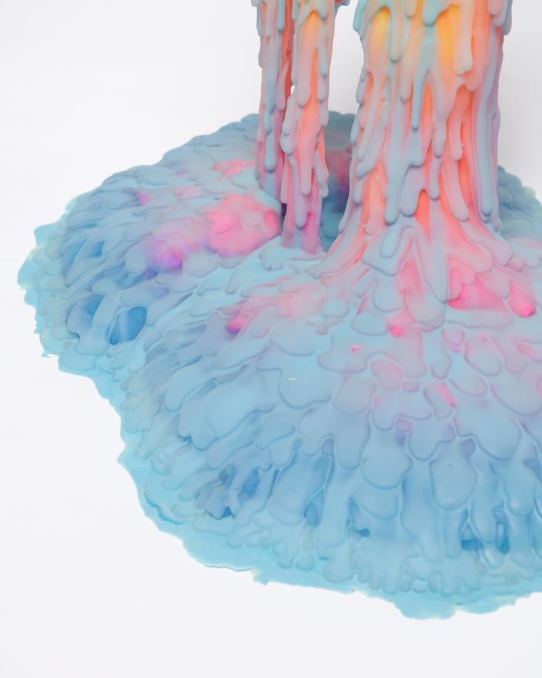 Dan Lam slime sculpture with gradient of green, red, and blue