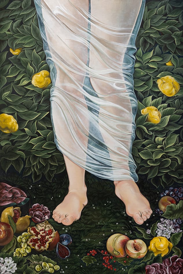 Painting by Sabrina Bokcler of two legs in sheer fabric surrounded by fruit