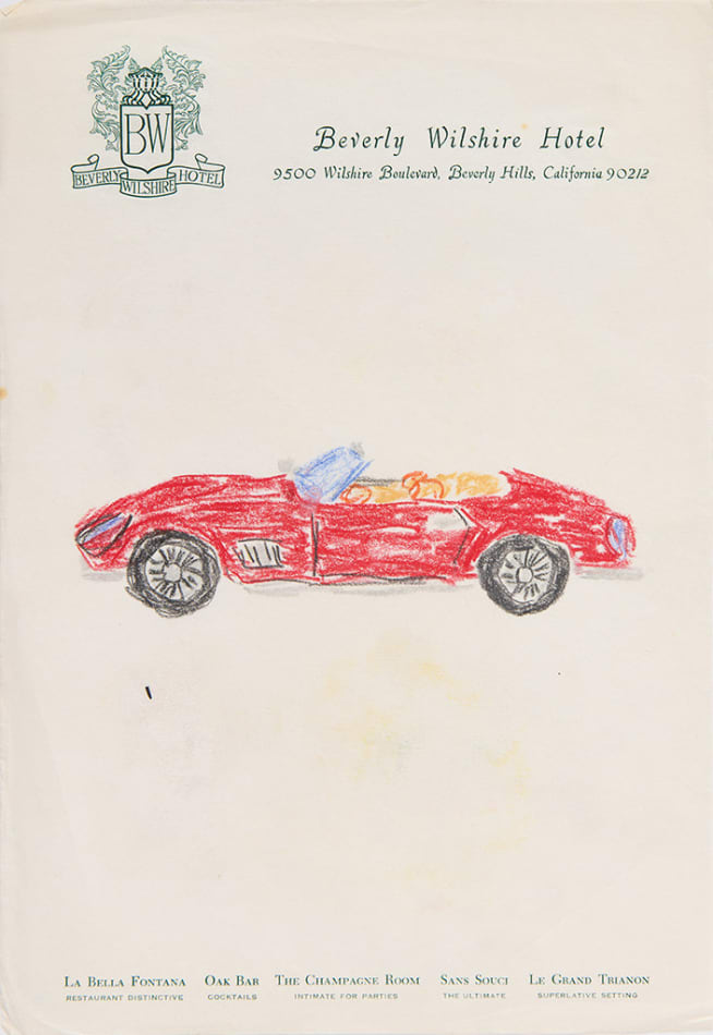 Drawing of a red Ferrari on hotel stationery