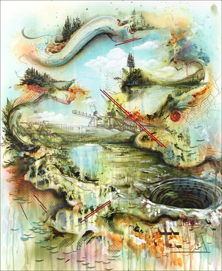 Gregory Euclide - acrylic and graphite work of abstracted nature and city scene with a major color palette of green, blue, and orange.