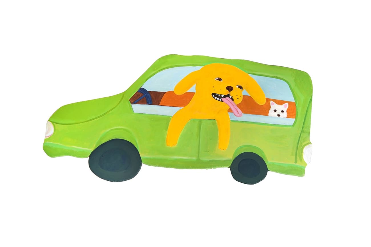 Katie Kimmel, Dogs in a Nissan Cube, 2019