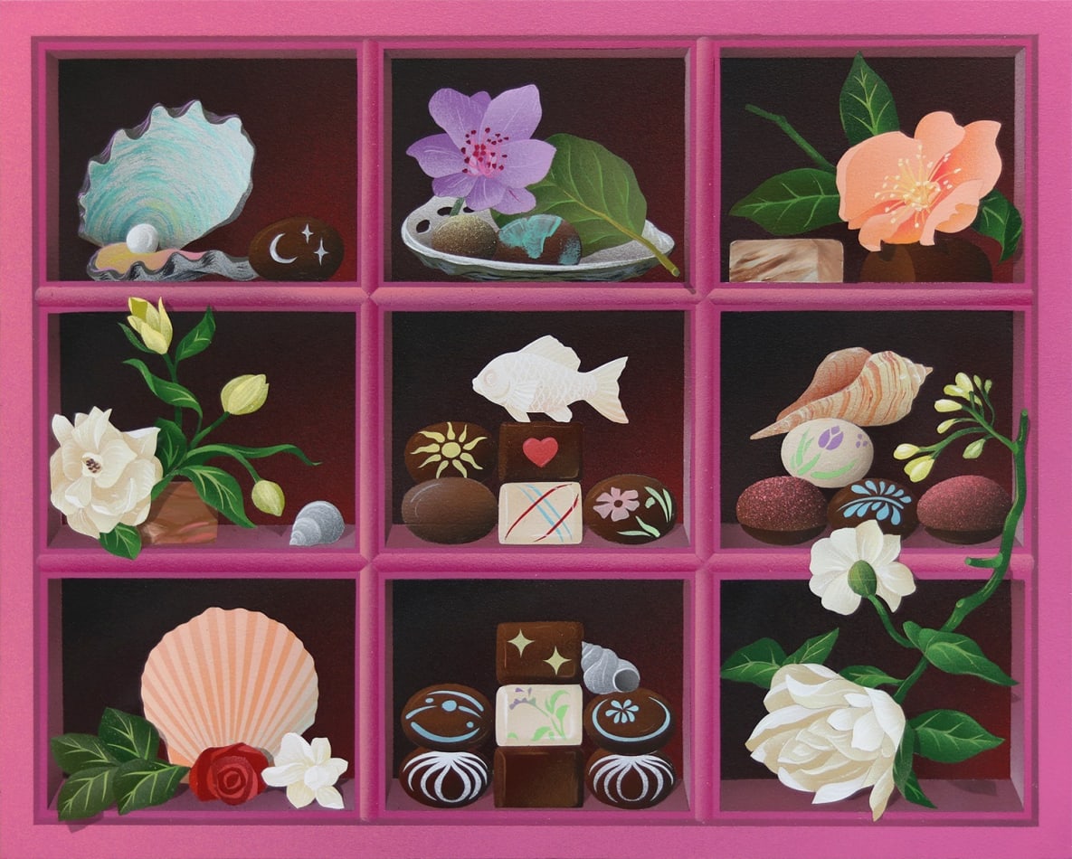 Casey Gray - Spray Painting of a pink display case with chocolates, flowers and sea shells in it.