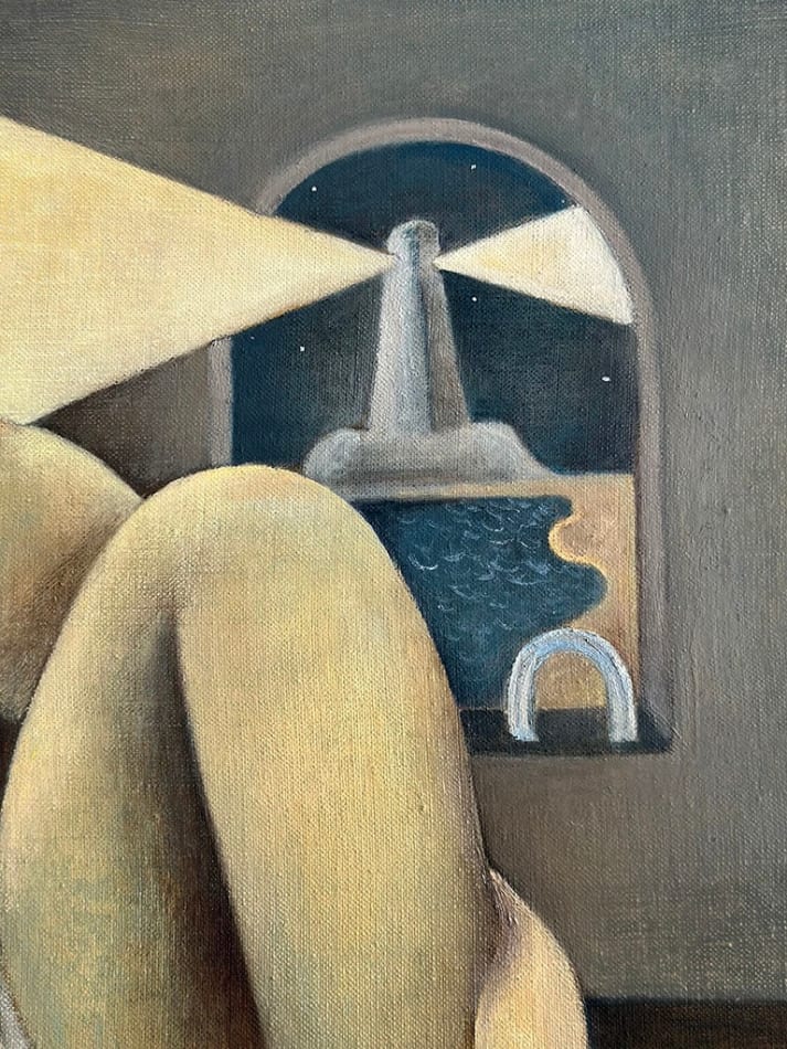 male figure sitting by the window as a lighthouse beam enters the room detail