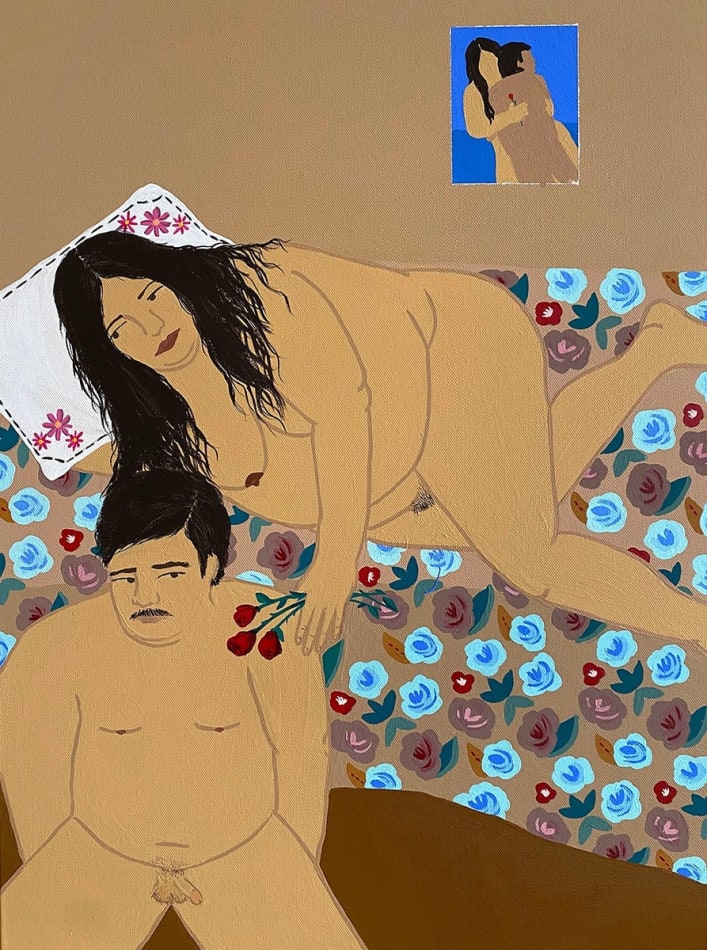 Gina M. Contreras - Painting of a couple in nudity, one lays on the bed while the other leaning against it. The bed is covered with flower pattern bedsheet with a picture on the wall of the couple.
