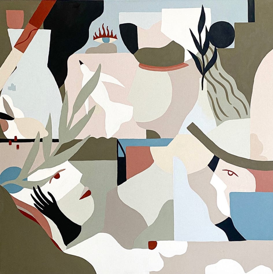 Madi painting of birds, faces and abstract shapes