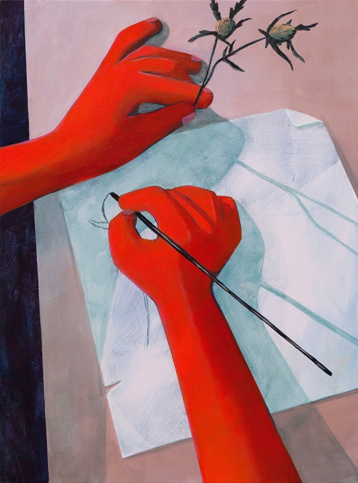 Genevieve Cohn painting of two red arms - one drawing a flower that the other hand is holding