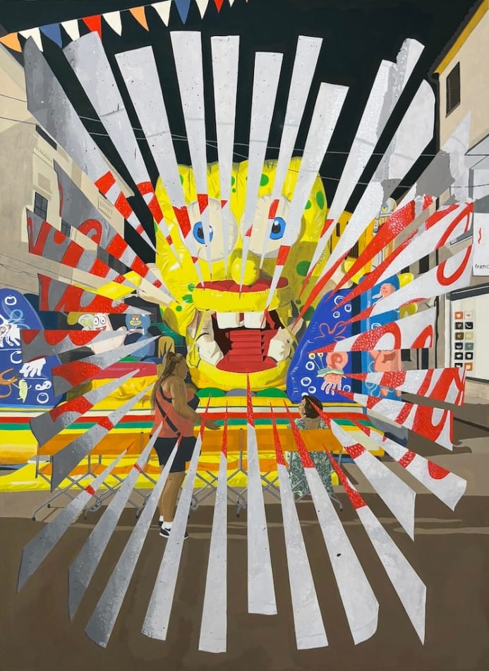 painting by Alan Miknis depicting slivers of and abstracted shapes that slightly resemble Sponge Bob