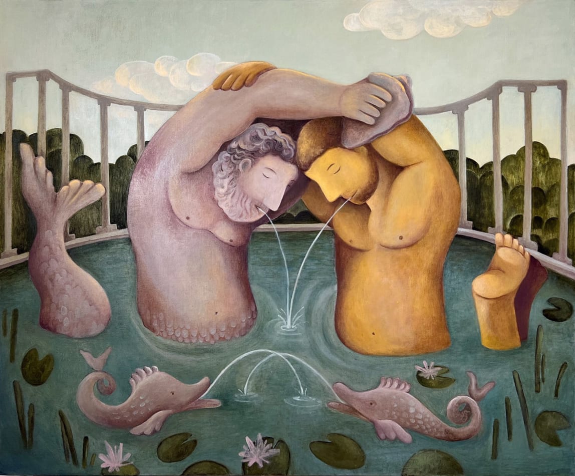 Painting of a fountain with a merman and a man linking arms above their heads, looking down into the water. Only their torsos are above the water and the merman has his fin out of the water and one of the mans feet is out as well. They are spitting water out of their mouths. There are two large fish in the water near them and they have water spitting out of their mouths as well.