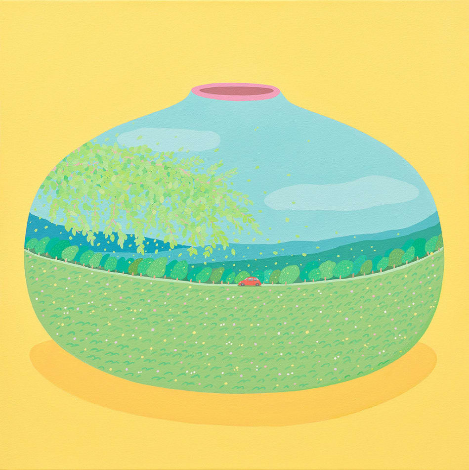 Danym Kwon - painting of a vase with mouth in pink in front of yellow background. On the vase painted a red car driving across the landscape of lawn and forest, on the left a tree branch reach toward the center.