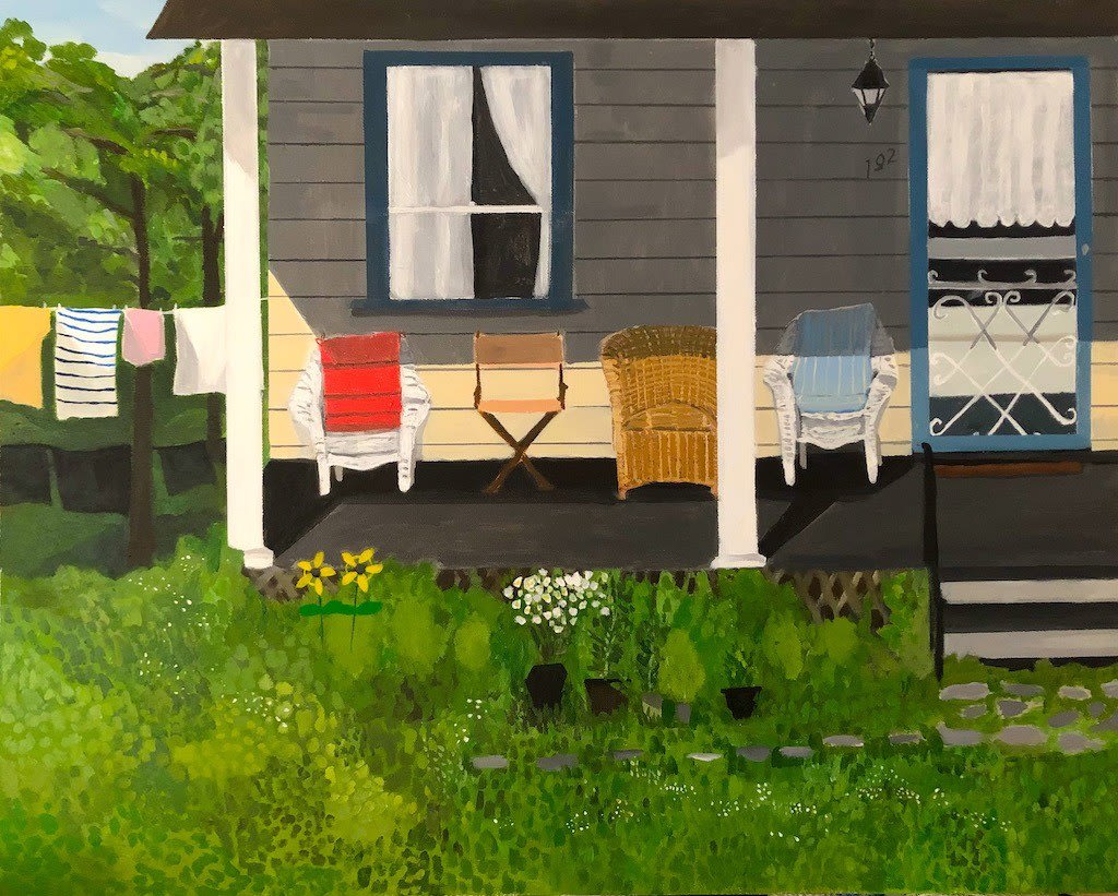Polly Shindler painting of white house exterior with front porch, four chairs on porch