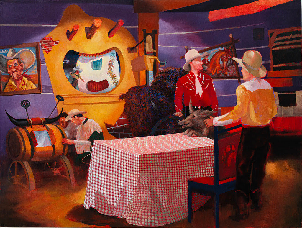 Painting of a television set with three men dressed as cowboys standing around a table with a red and white checkered table cloth. In the background is a painting on the wall of a cowboy and other western paraphernalia