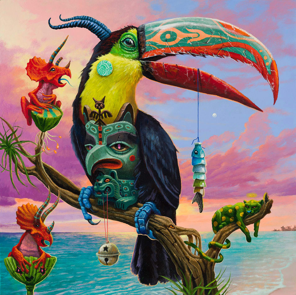 Dulk painting of toucan with pink sky background and shore