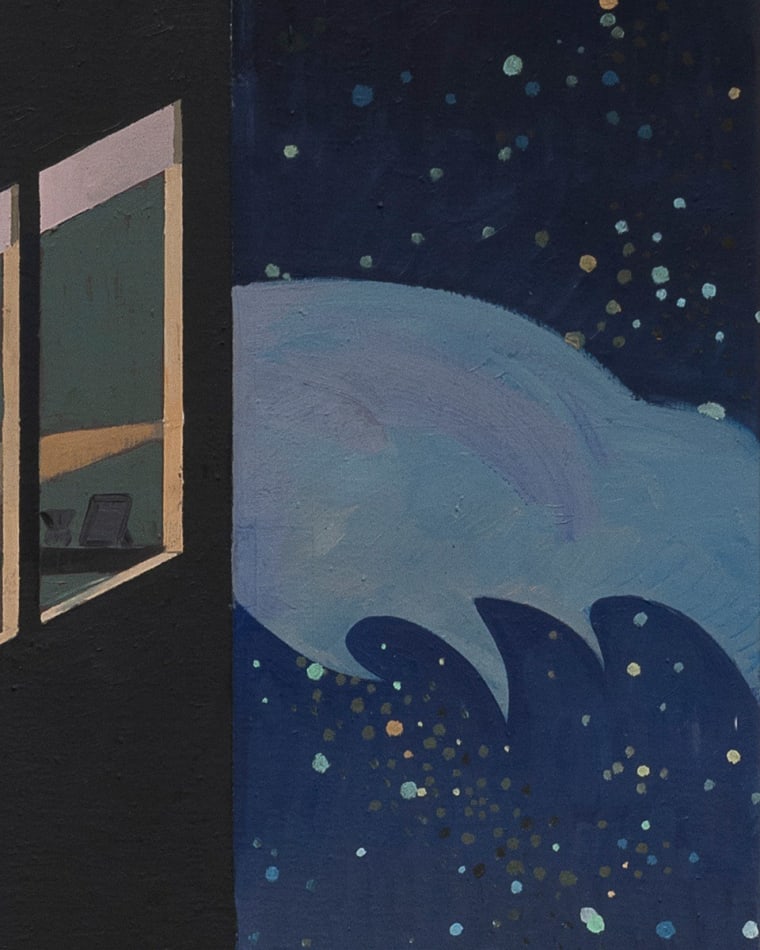 painting of the side of a building with a window and the night sky