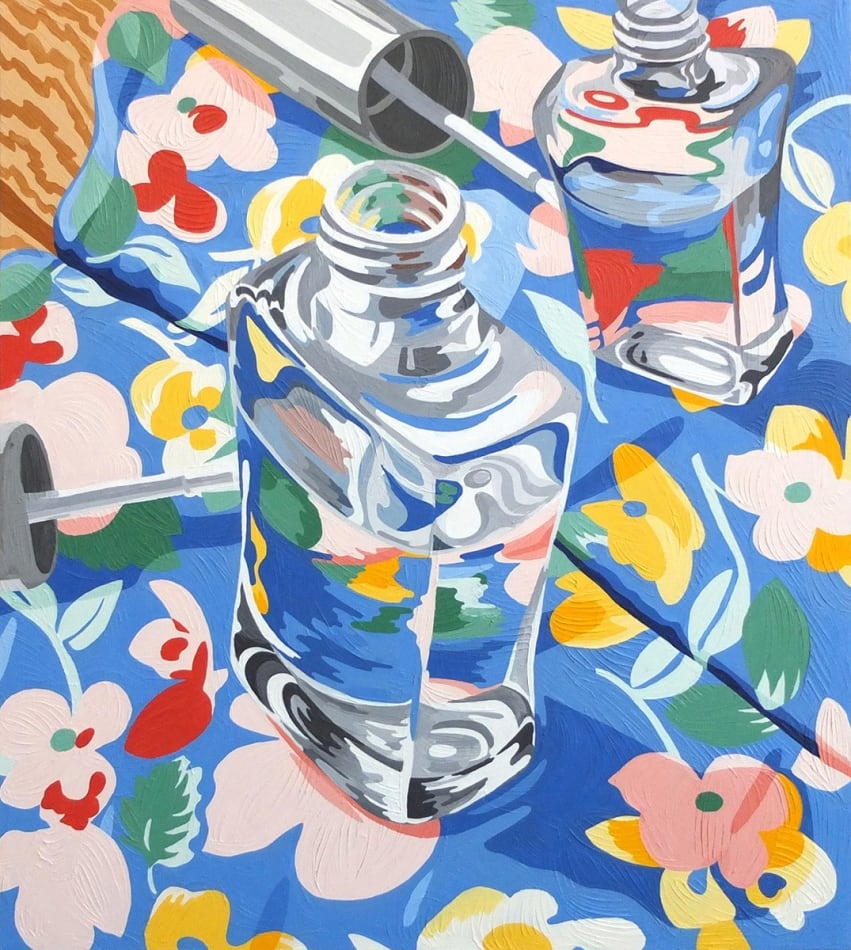 Annie Duncan painting of clear nail polish bottle - open with brush on side. Bright floral background
