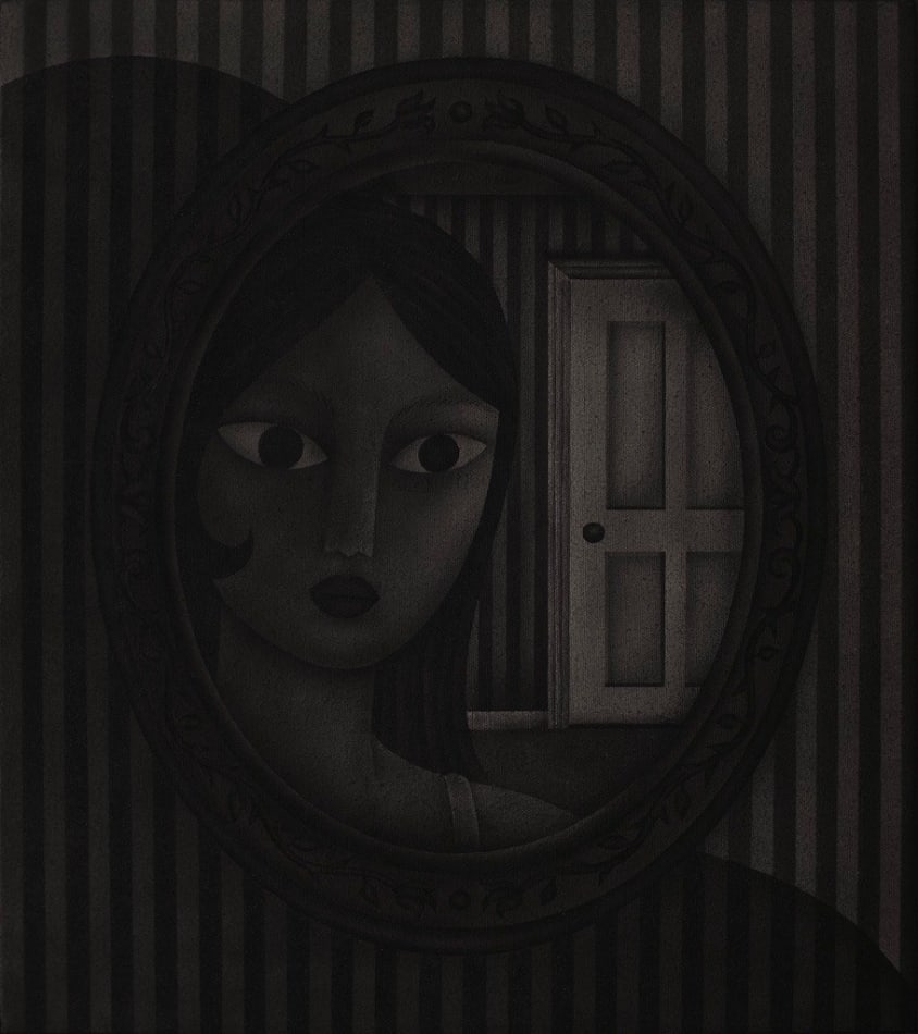 black and white painting of a woman looking at herself in a small round mirror