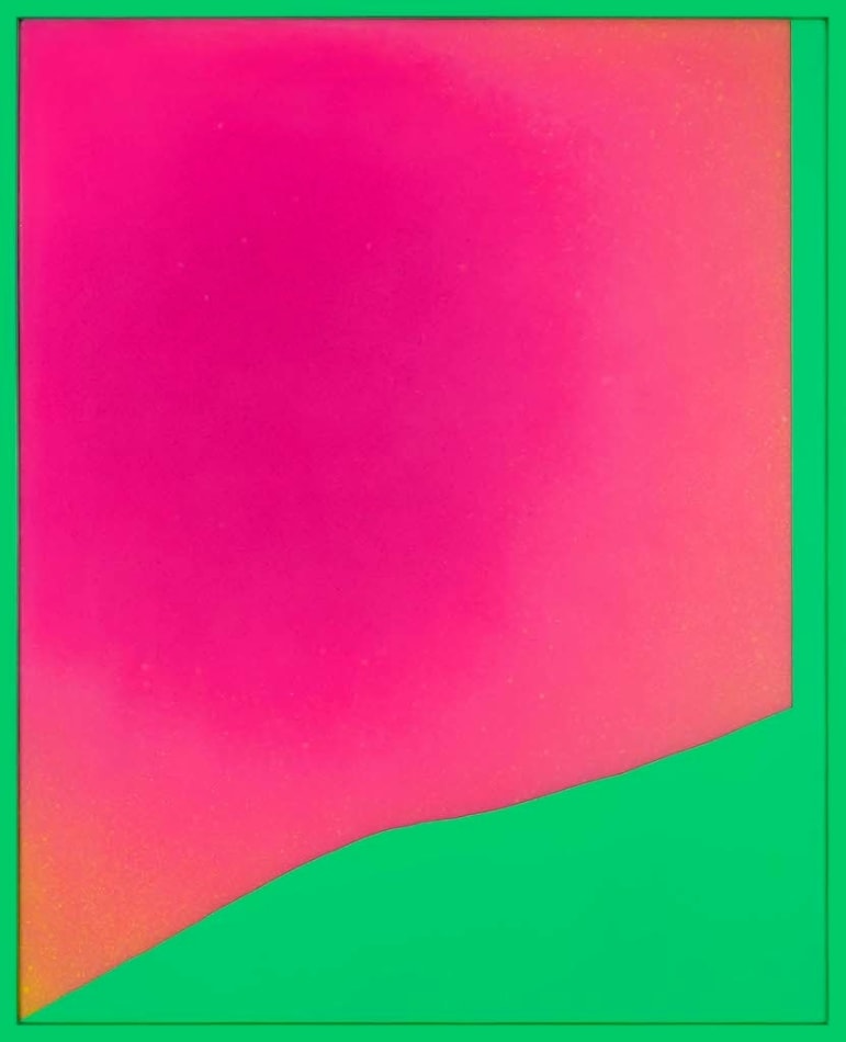 Rachel Strum paint and resin piece, abstract shapes in neon green and pink
