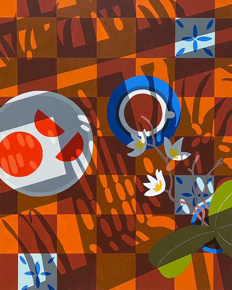 Natalia Juncadella painting of oranges, flowers and coffee on orange background