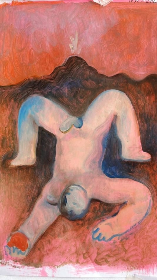 Carlos Rodriguez - painting on paper of a man laying down, head towards the viewers. His legs were bended lifted up the bottom part of his body. The background painted a mountain is red sky.