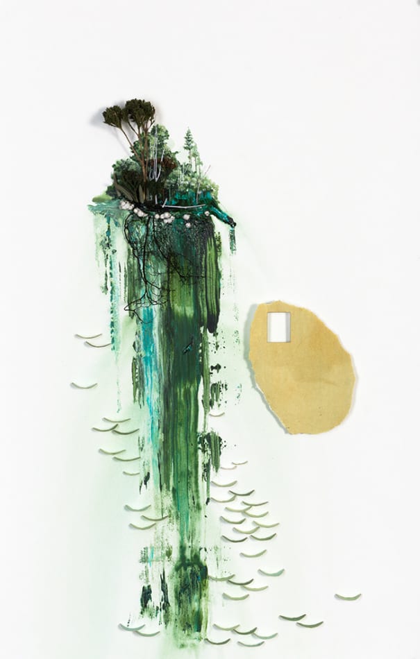 Gregory Euclide - mix media work of abstracted nature scene with a major color palette of green and yellow.