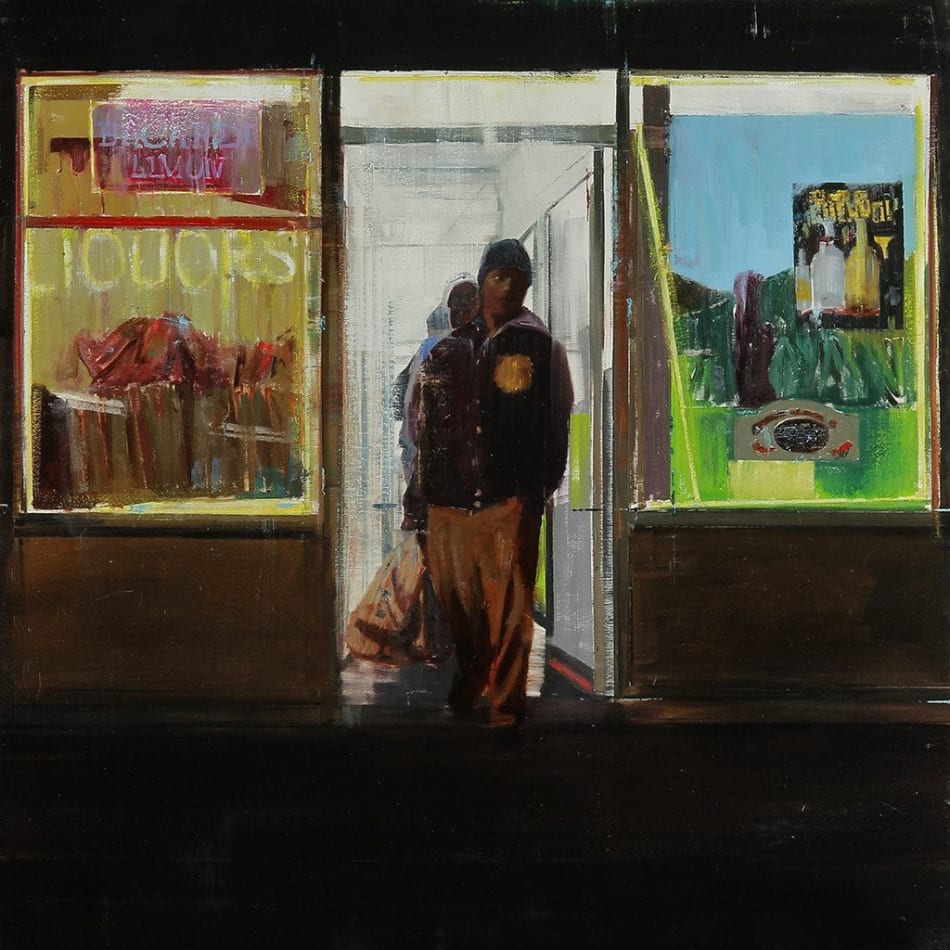 Brett Amory painting of figure leaving store