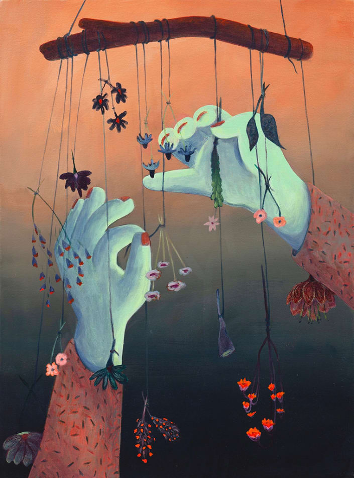 painting of two hands tying flowers to a suspended stick