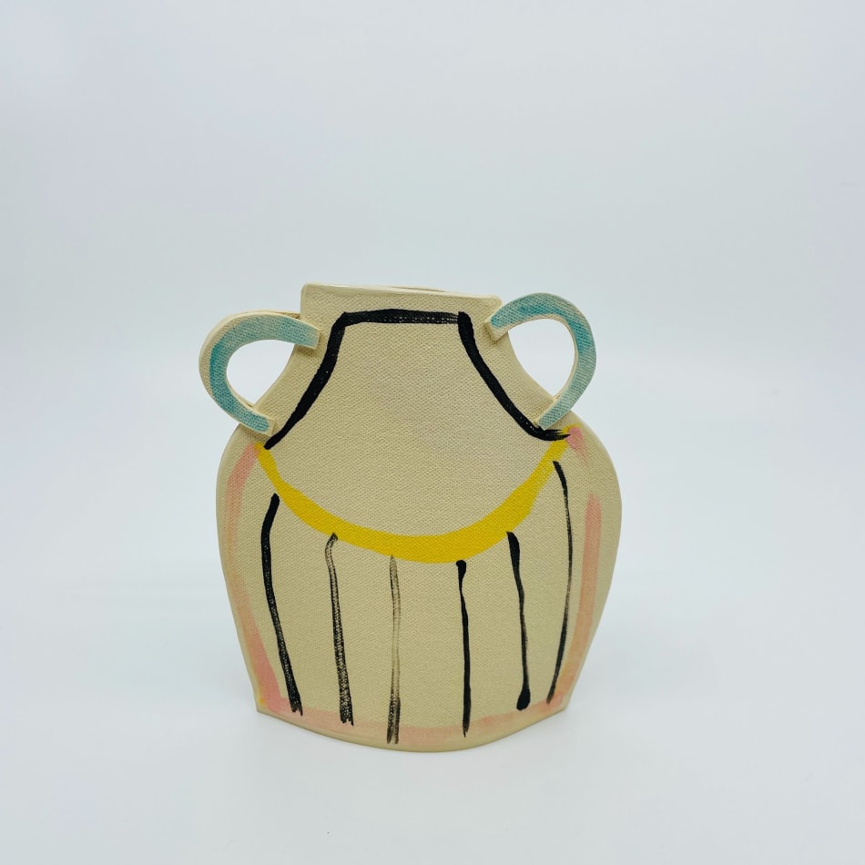 Alison Owen's sculpture of a vase with a black border and pastel colors