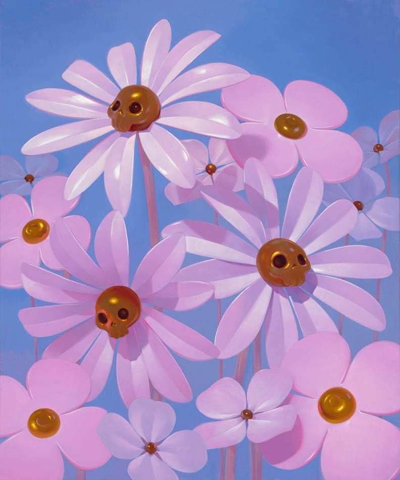 light purple flowers with skulls at the center